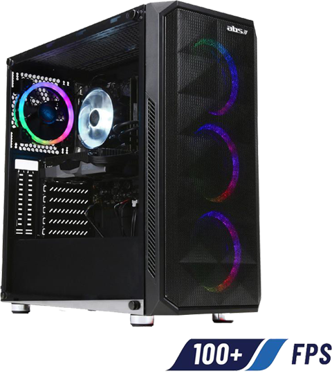 Front angle view of the ABS ALI322 gaming desktop, with side panel removed. Three front RGB fans, a rear RGB fan, and the LED CPU fan are all lit on. A “100+ FPS” logo are located at the bottom right corner